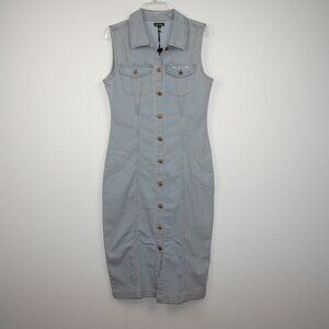 Bebe Denim Shirt Dress Women's Size L Blue Sleeveless Rhinestone Logo